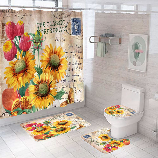 Vintage Sunflowers Shower Curtain Sets Rug & Mat Non-Slip Toilet Lid Cover-Shower Curtains-Sumflowers-Shower Curtain+3Pcs Mat-Free Shipping at meselling99