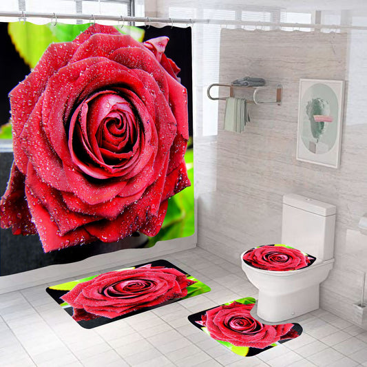 Red Rose&Butterfly Shower Curtain Sets Rug & Mat Non-Slip Toilet Lid Cover-Shower Curtains-A-Shower Curtain+3Pcs Mat-Free Shipping at meselling99