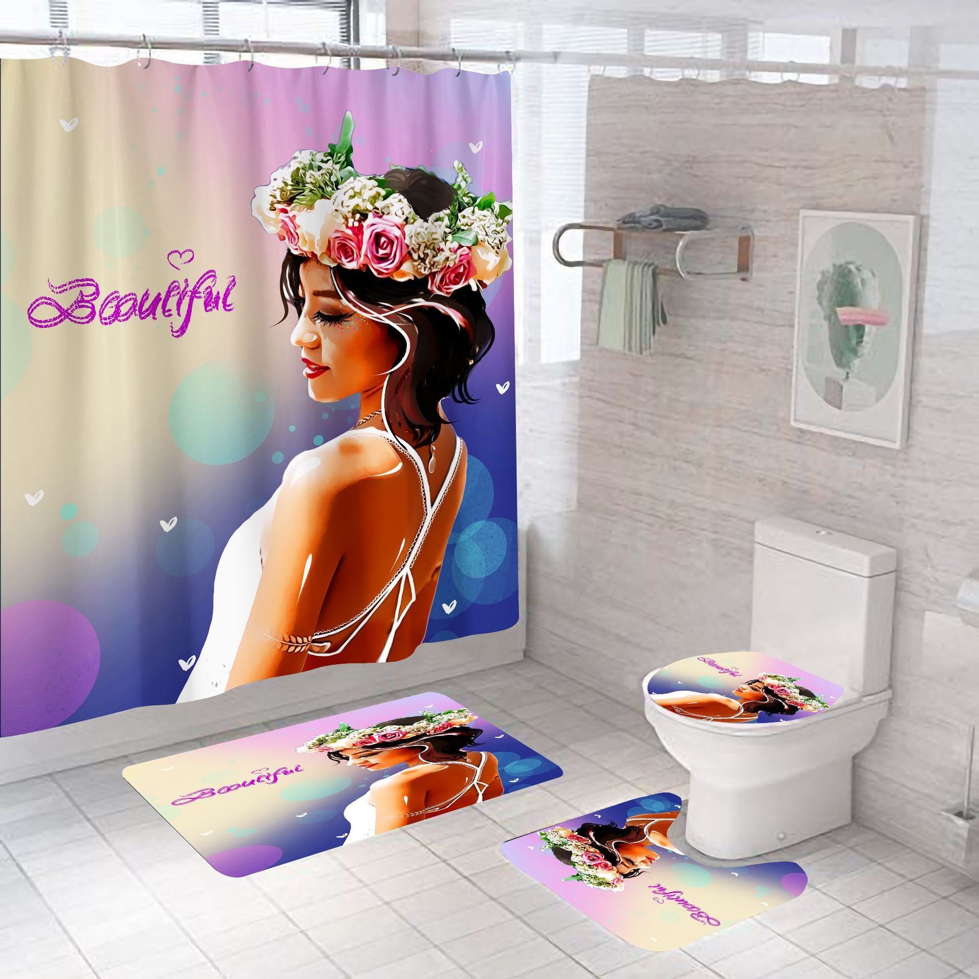 Beautiful Girl Design Shower Curtain Sets Rug & Mat Non-Slip Toilet Lid Cover-Shower Curtains-Free Shipping at meselling99