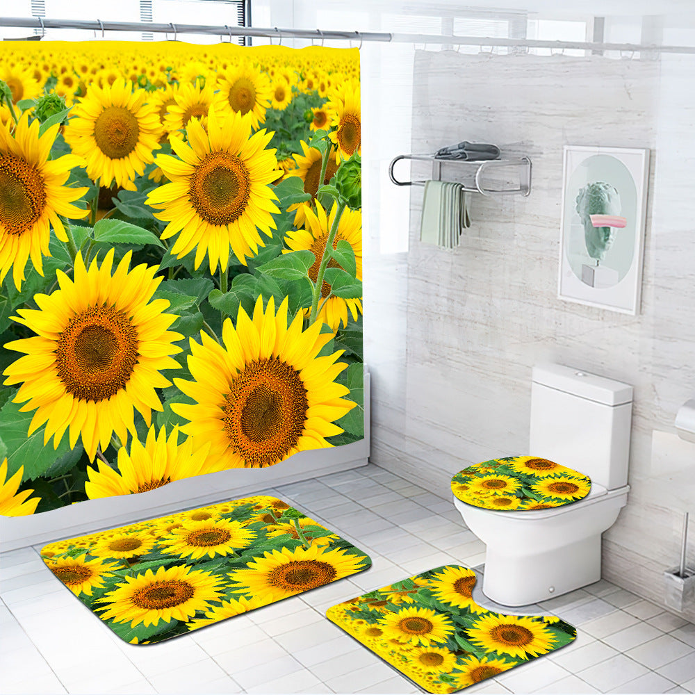 3D Sunflower Shower Curtain Set Bathroom Rug Bath Mat Non-Slip Toilet Lid Cover-Shower Curtains-A-Shower Curtain+3Pcs Mat-Free Shipping at meselling99
