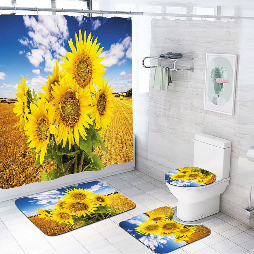 3D Sunflower Shower Curtain Set Bathroom Rug Bath Mat Non-Slip Toilet Lid Cover-Shower Curtains-B-Shower Curtain+3Pcs Mat-Free Shipping at meselling99