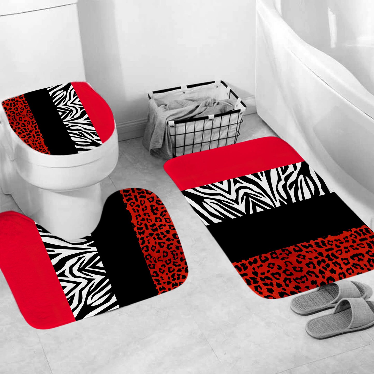 Leopard&Striped Design Shower Curtain Sets Rug & Mat Non-Slip Toilet Lid Cover-Shower Curtains-Free Shipping at meselling99