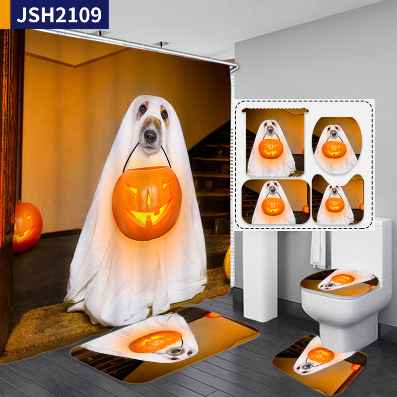 Pumpkin Halloween Fabric Shower Curtain Sets for Bathroom Decoration-Shower Curtains-B-Shower Curtain+3Pcs Mat-Free Shipping at meselling99