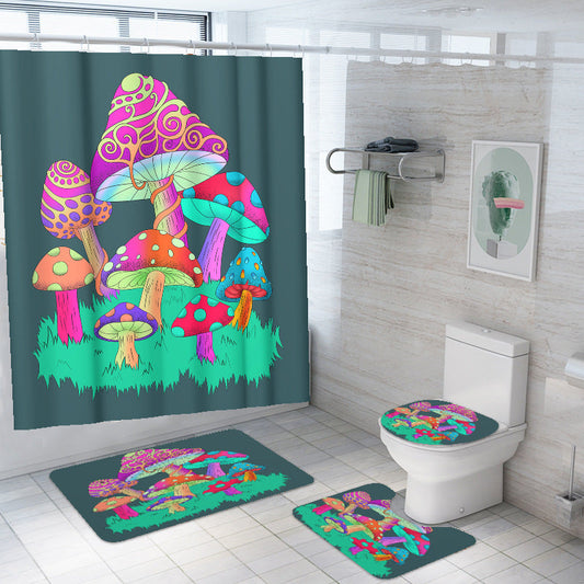 Mushroom Designed Shower Curtain Sets Rug & Mat Non-Slip Toilet Lid Cover-Shower Curtains-A-Shower Curtain+3Pcs Mat-Free Shipping at meselling99
