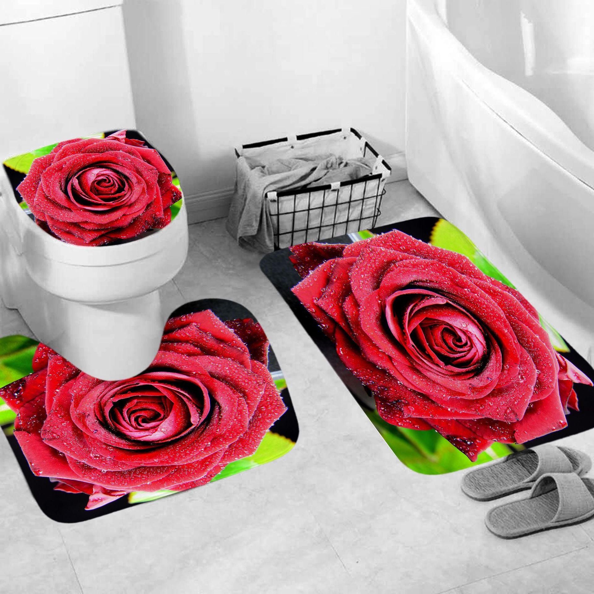 Red Rose&Butterfly Shower Curtain Sets Rug & Mat Non-Slip Toilet Lid Cover-Shower Curtains-Free Shipping at meselling99