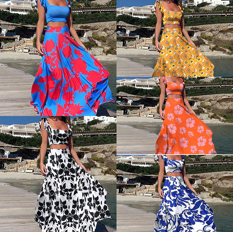 Meselling99 Women Straps Floral Print Tops and Skirt 2pc Sets-Maxi Dresses-Free Shipping at meselling99