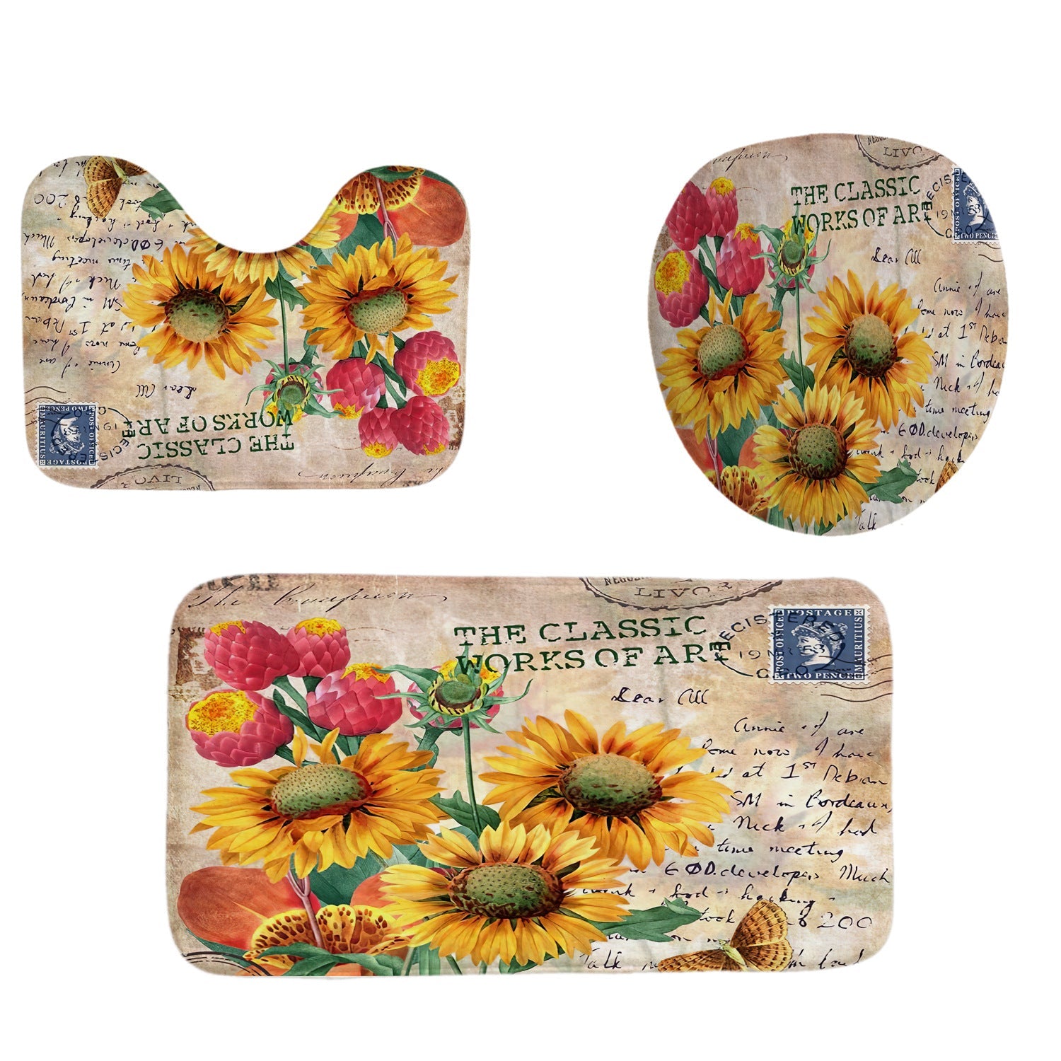 Vintage Sunflowers Shower Curtain Sets Rug & Mat Non-Slip Toilet Lid Cover-Shower Curtains-Free Shipping at meselling99