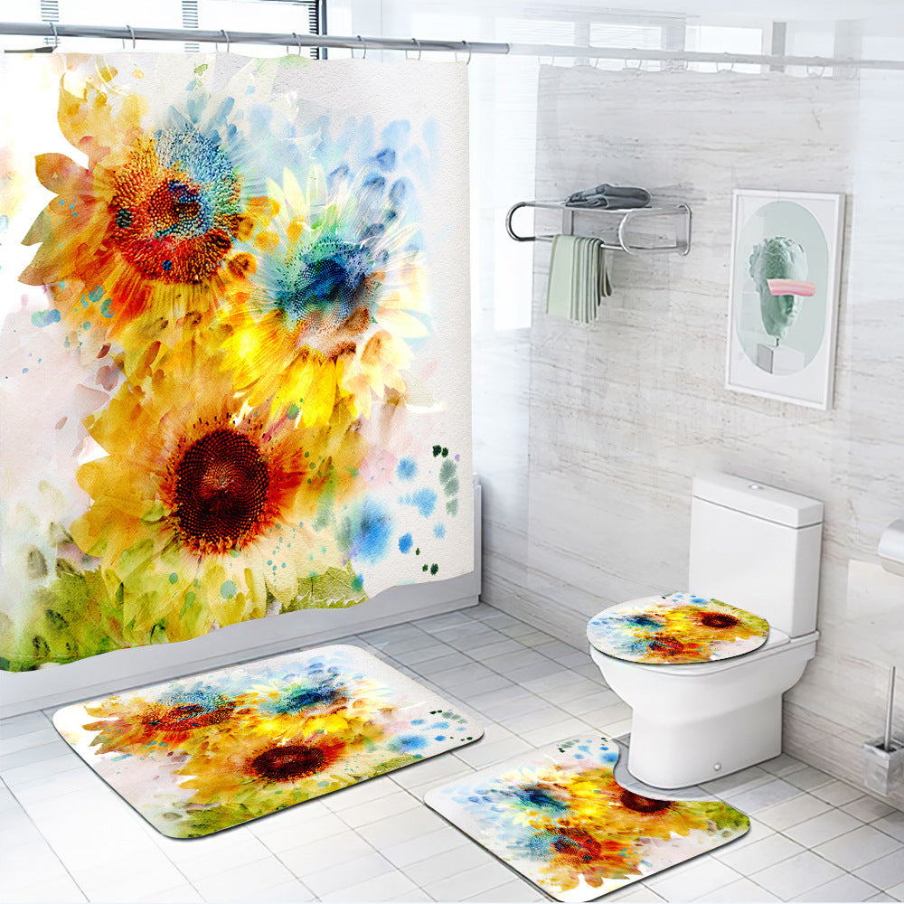 3D Sunflower Shower Curtain Set Bathroom Rug Bath Mat Non-Slip Toilet Lid Cover-Shower Curtains-C-Shower Curtain+3Pcs Mat-Free Shipping at meselling99
