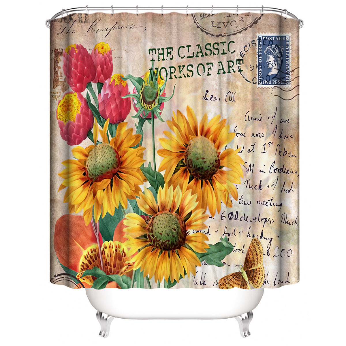 Vintage Sunflowers Shower Curtain Sets Rug & Mat Non-Slip Toilet Lid Cover-Shower Curtains-Free Shipping at meselling99