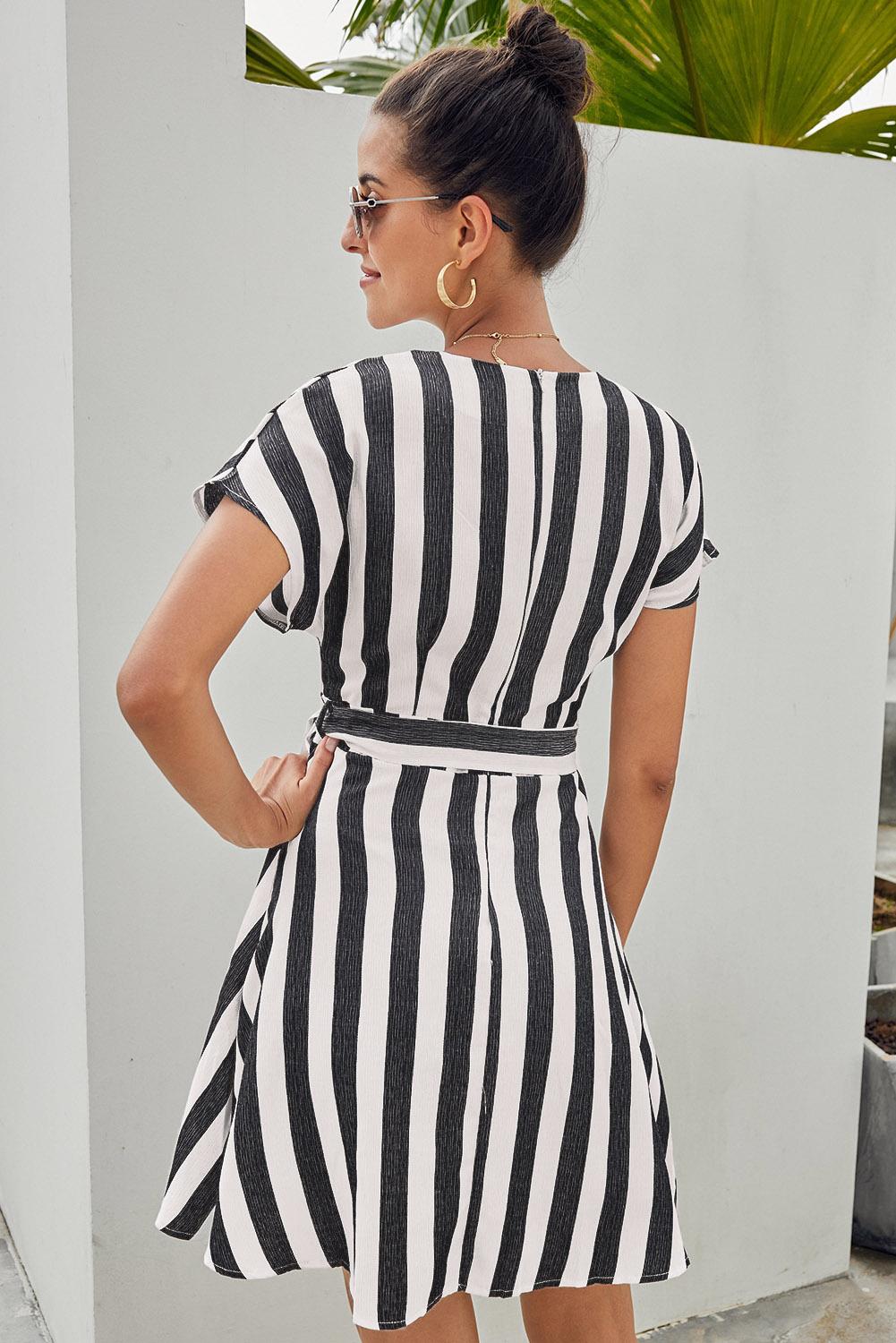Black Fashion Stripe Short Sleeve Casual Dress-Mini Dresses-Free Shipping at meselling99