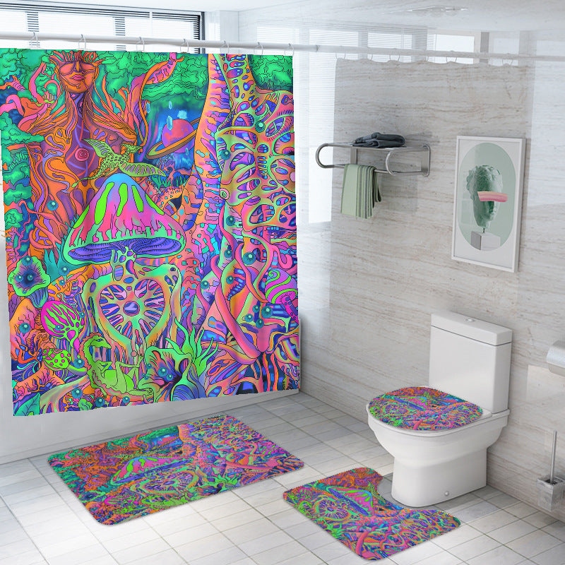 Mushroom Designed Shower Curtain Sets Rug & Mat Non-Slip Toilet Lid Cover-Shower Curtains-D-Shower Curtain+3Pcs Mat-Free Shipping at meselling99