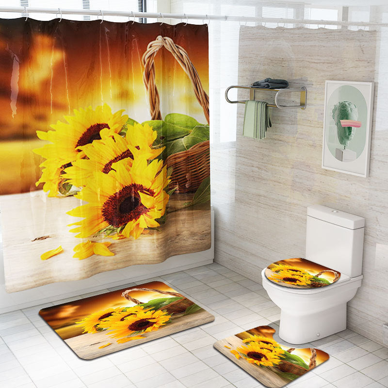3D Sunflower Shower Curtain Set Bathroom Rug Bath Mat Non-Slip Toilet Lid Cover-Shower Curtains-D-Shower Curtain+3Pcs Mat-Free Shipping at meselling99