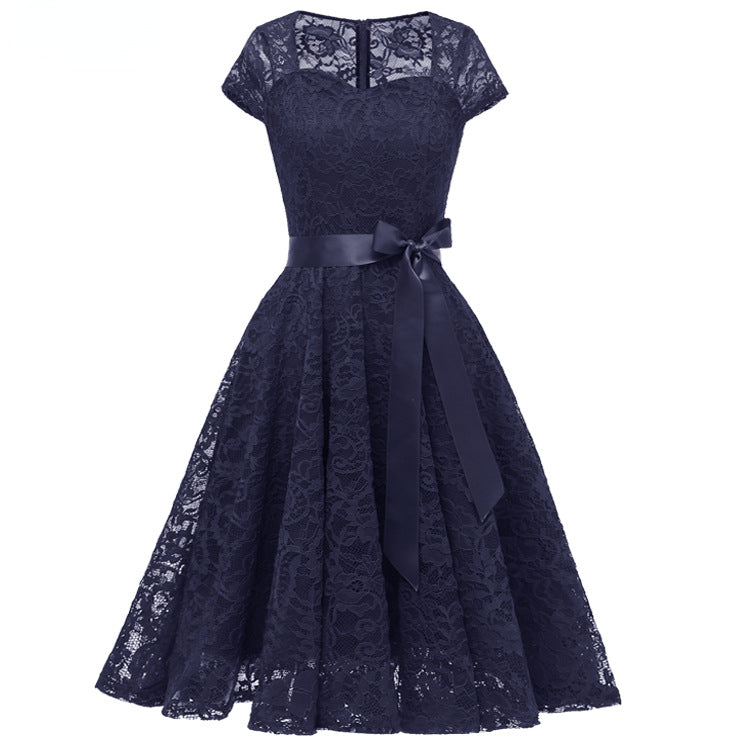 Elegant Short Sleeves Midi Lace Dresses-Dresses-Navy Blue-S-Free Shipping at meselling99