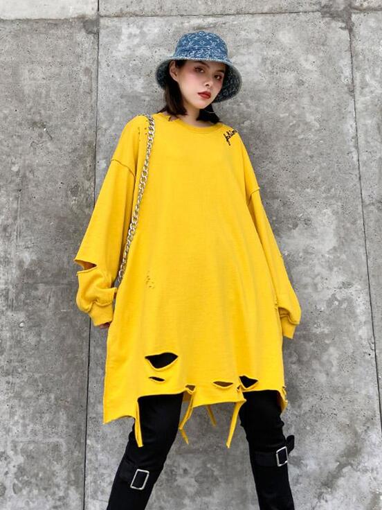 Loose Solid Color Hollow Round Neck T-Shirt-T-shirts-YELLOW-FREE SIZE-Free Shipping at meselling99