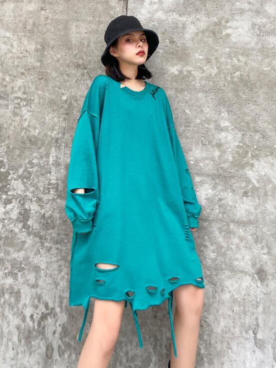 Loose Solid Color Hollow Round Neck T-Shirt-T-shirts-BLUE GREEN-FREE SIZE-Free Shipping at meselling99