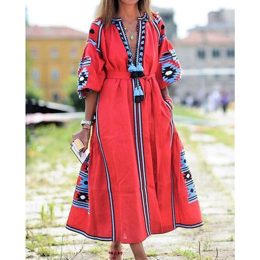 New Women Bohemia Print Long Dresses-Maxi Dresses-Red-S-Free Shipping at meselling99
