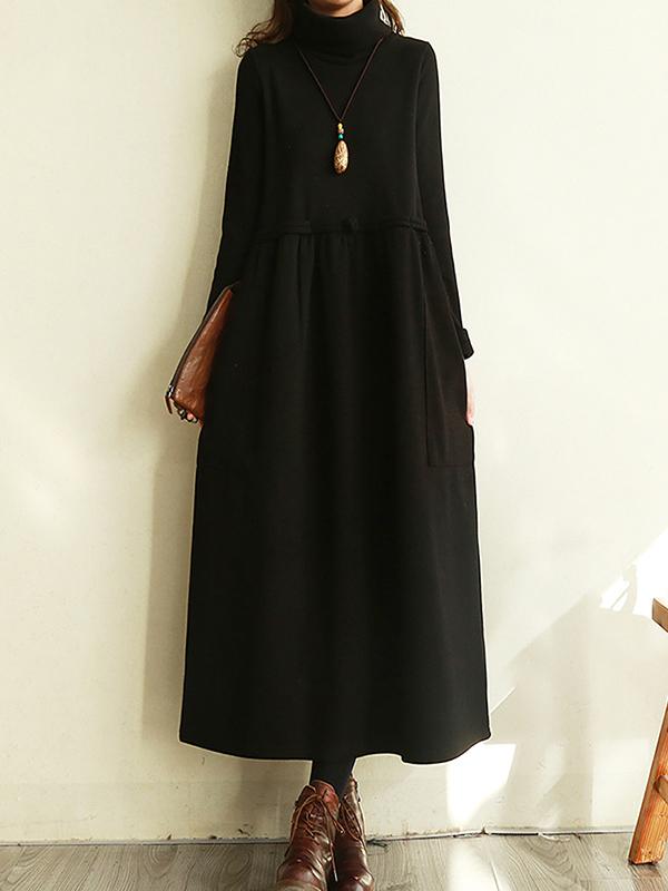 Meselling99 Vintage Solid Color Split-Joint Loose High-Neck Midi Dress-Midi Dress-BLACK-M-Free Shipping at meselling99