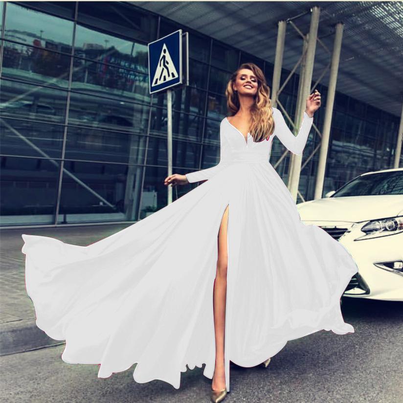 Sexy Women V-neck Long Sleeves Long Maxi Dresses 2820-Maxi Dresses-White-S-Free Shipping at meselling99