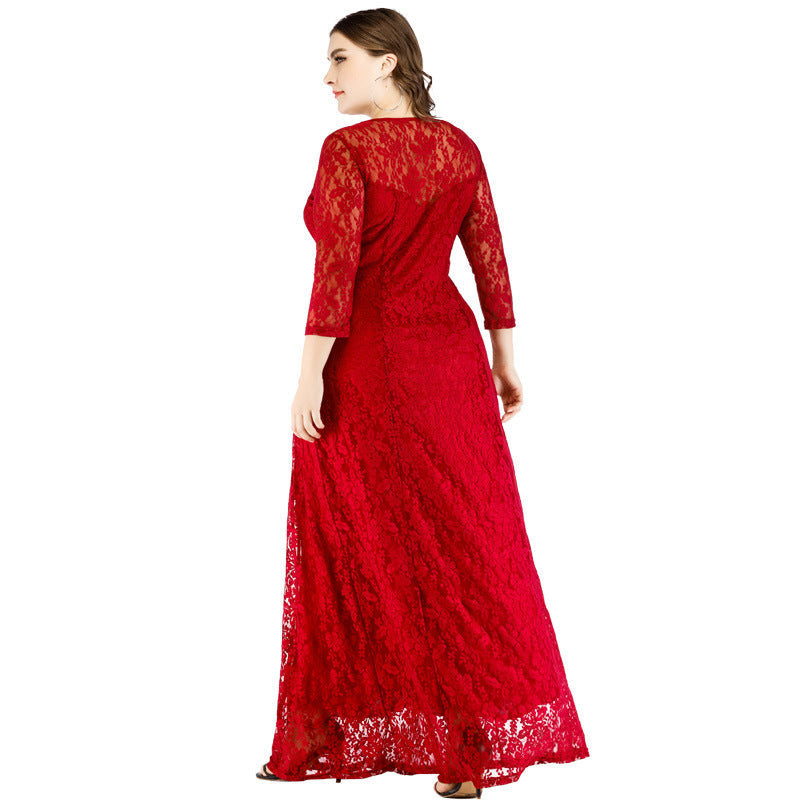 Plus Sizes Lace Evening Party Dresses for Women-Dresses-Wine Red-XL-Free Shipping at meselling99
