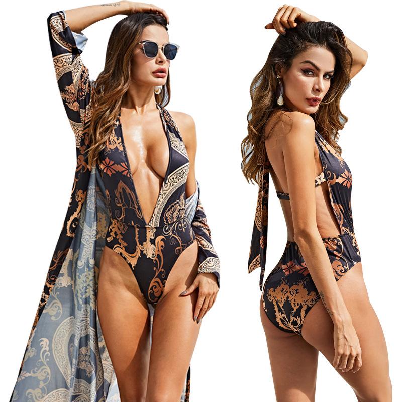 Fashion Sexy Print One Piece Swimwear+ Beach Cover Ups-Cover Ups-Free Shipping at meselling99