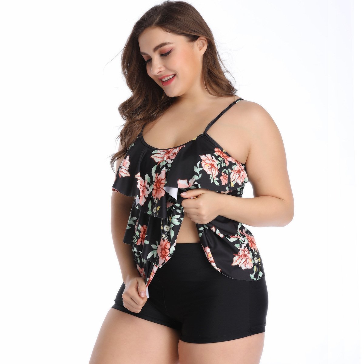 Women Ruffled Floral Print Plus Size Swimsuits-Black-S-Free Shipping at meselling99