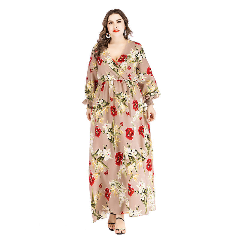 Summer Plus Sizes Dresses Floral Print-Dresses-Apricot-XL-Free Shipping at meselling99