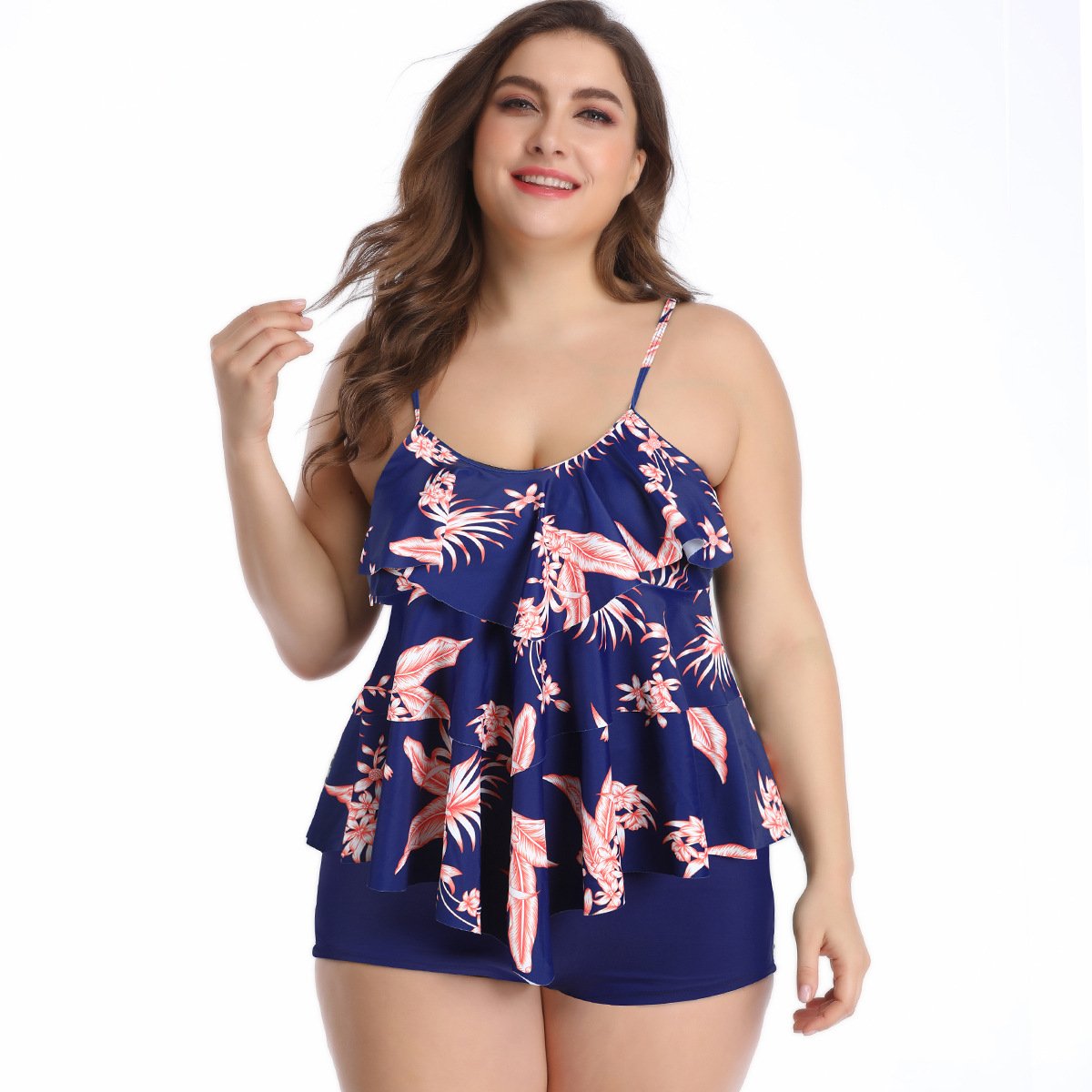Women Ruffled Floral Print Plus Size Swimsuits-Dark Blue-S-Free Shipping at meselling99