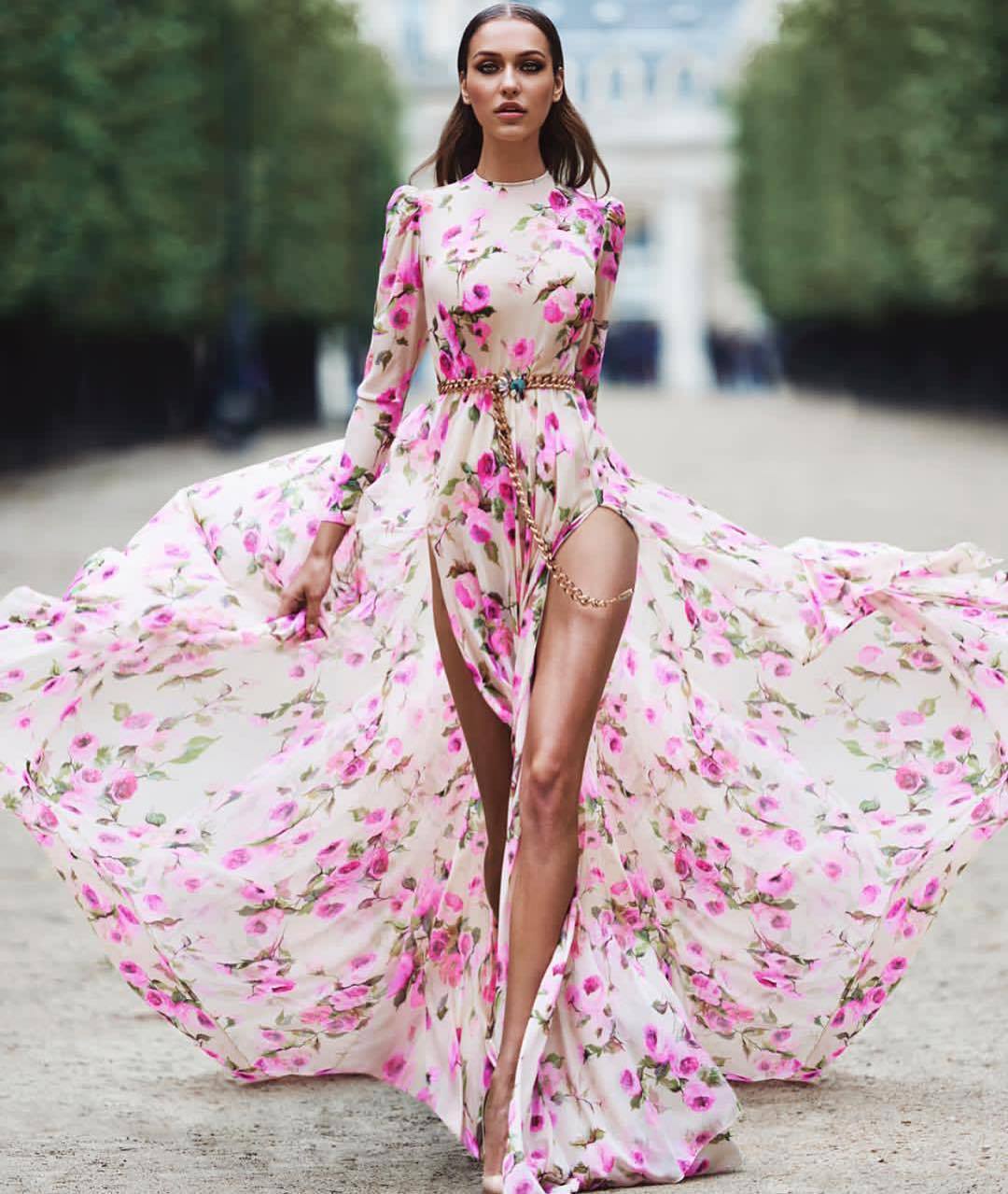 Wonen New Amazing Front Split Floral Print Long Maxi Dresses 2005-Maxi Dresses-Pink-S-Free Shipping at meselling99