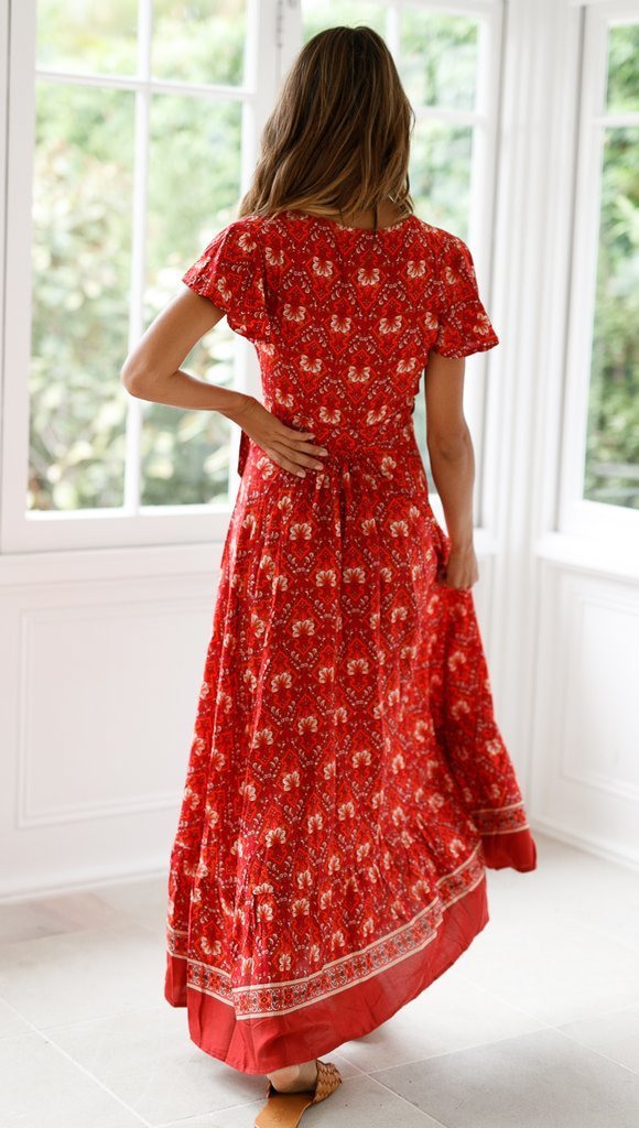Summer Floral Print Short Sleeves Red Dresses-Maxi Dresses-Free Shipping at meselling99