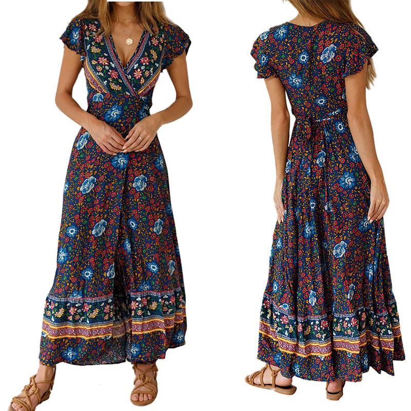 Women Bohemia Floral Print Split Front Summer Beach Long Maxi Dresses-Maxi Dresses-Dark Blue-S-Free Shipping at meselling99