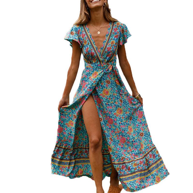 Women Bohemia Floral Print Split Front Summer Beach Long Maxi Dresses-Maxi Dresses-Green-S-Free Shipping at meselling99