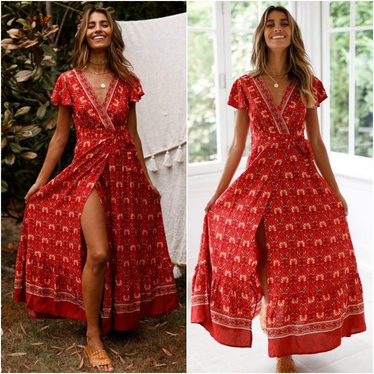 Summer Floral Print Short Sleeves Red Dresses-Maxi Dresses-Free Shipping at meselling99