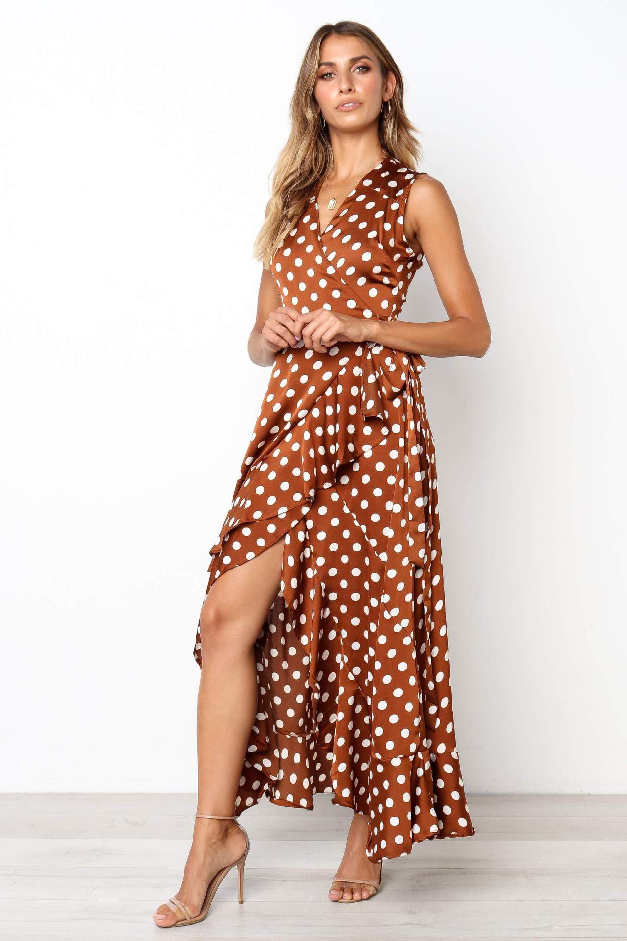 Summer Dot Print V Neck Sleeveless Irregular Long Dresses-Maxi Dresses-Free Shipping at meselling99