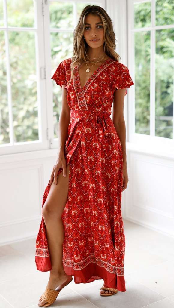 Summer Floral Print Short Sleeves Red Dresses-Maxi Dresses-Red-S-Free Shipping at meselling99