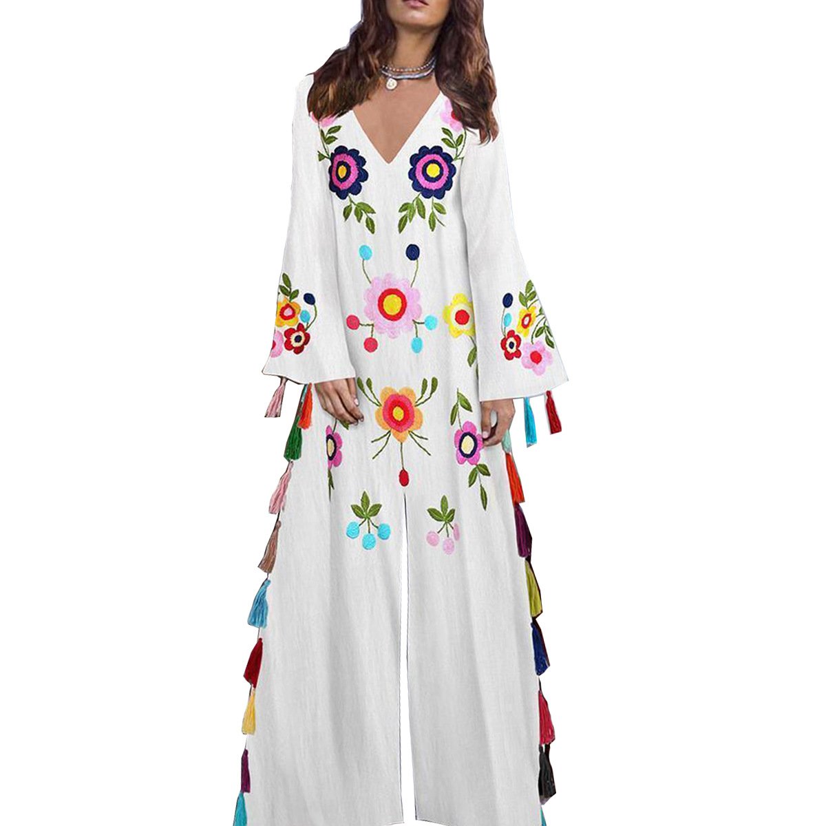 White Floral Print Split Front Boho Long Dresses-Dresses-Free Shipping at meselling99