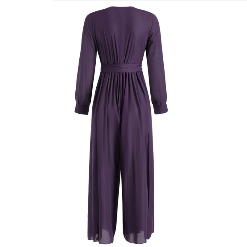 Sexy Long Sleeves V Neck Chiffon Split Long Jumpsuits-Women Suits-Free Shipping at meselling99
