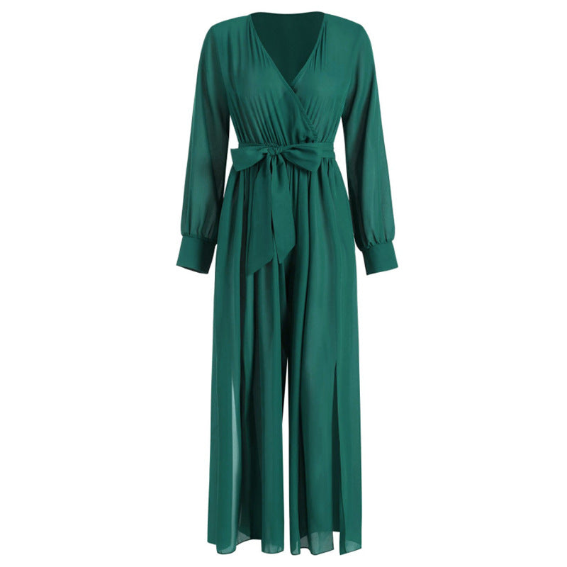 Sexy Long Sleeves V Neck Chiffon Split Long Jumpsuits-Women Suits-Green-S-Free Shipping at meselling99