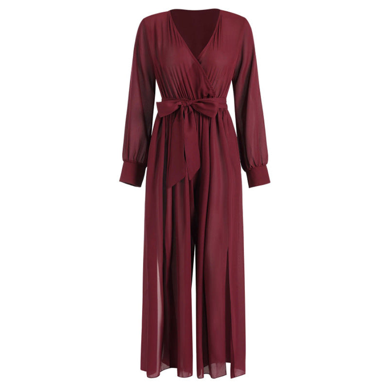 Sexy Long Sleeves V Neck Chiffon Split Long Jumpsuits-Women Suits-Wine Red-S-Free Shipping at meselling99