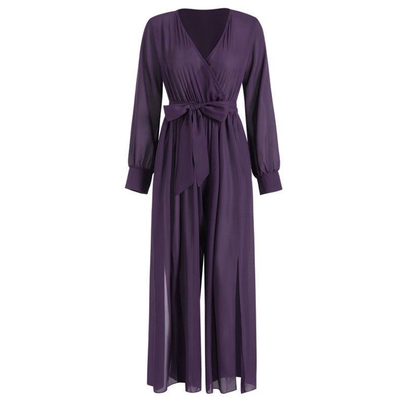 Sexy Long Sleeves V Neck Chiffon Split Long Jumpsuits-Women Suits-Purple-S-Free Shipping at meselling99