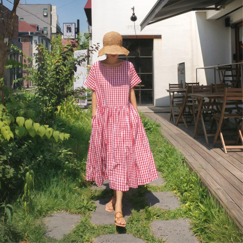Casual Short Sleeves Ruffled Plaid Plus Sizes Midi Dresses-Dresses-Red-S-Free Shipping at meselling99