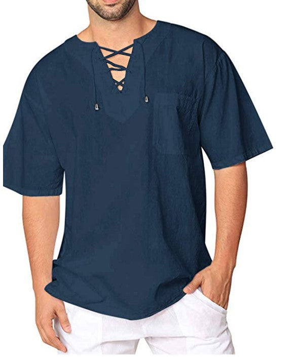 Hot Selling Linen Men Short Sleeves Shirts-Men T-Shirts-Dark Blue-M-Free Shipping at meselling99