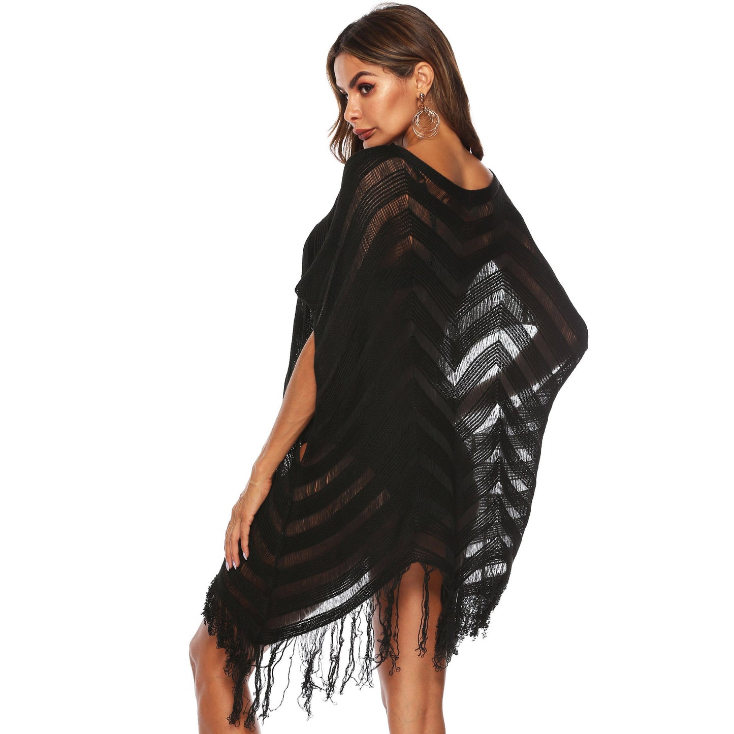 Black Off The Shoulder Tassels Summer Beach Cover Ups-Swimwear-Black-One Size-Free Shipping at meselling99