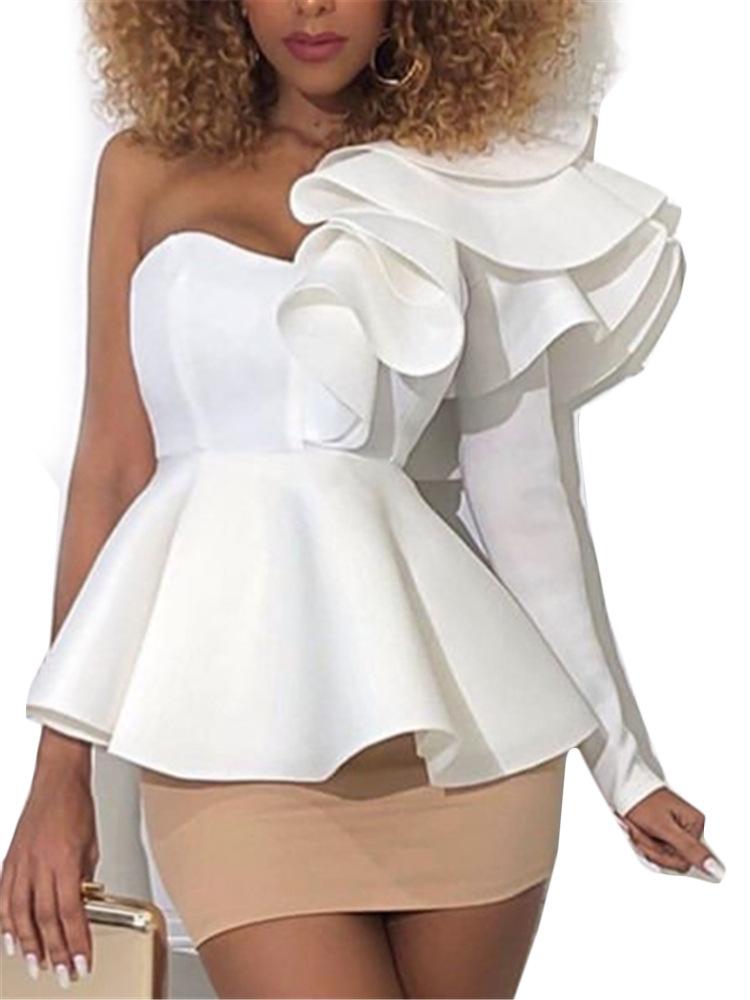 Women One Shoulder Long Sleeves Blouses-White-S-Free Shipping at meselling99
