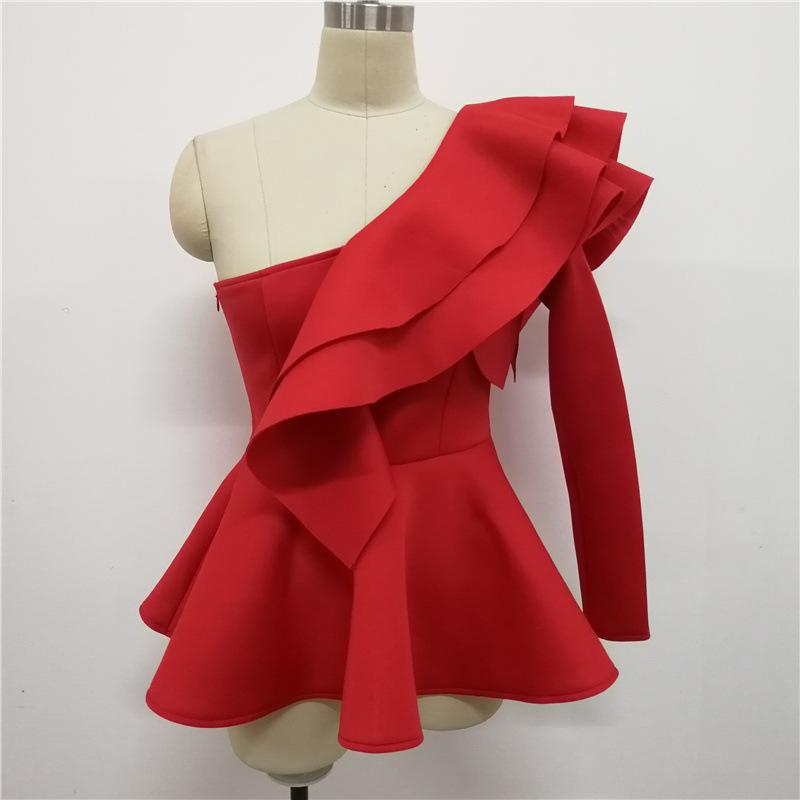 Women One Shoulder Long Sleeves Blouses-Red-S-Free Shipping at meselling99