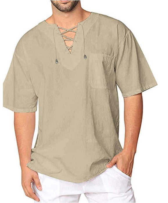 Hot Selling Linen Men Short Sleeves Shirts-Men T-Shirts-Khaki-M-Free Shipping at meselling99