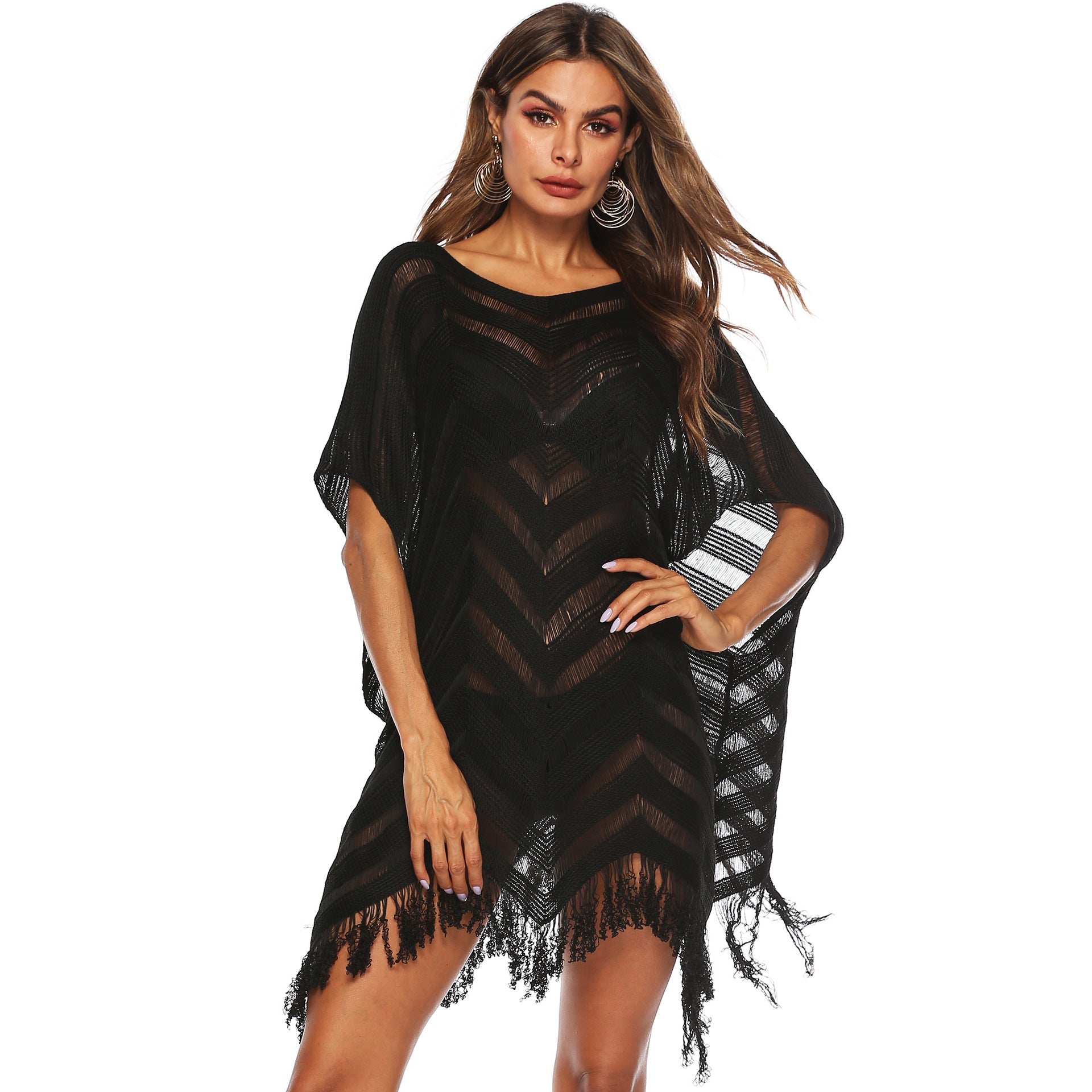 Black Off The Shoulder Tassels Summer Beach Cover Ups-Swimwear-Black-One Size-Free Shipping at meselling99
