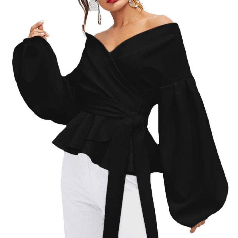 Black Women Sexy Bowknot Puff Sleeves Blouses-Black-S-Free Shipping at meselling99