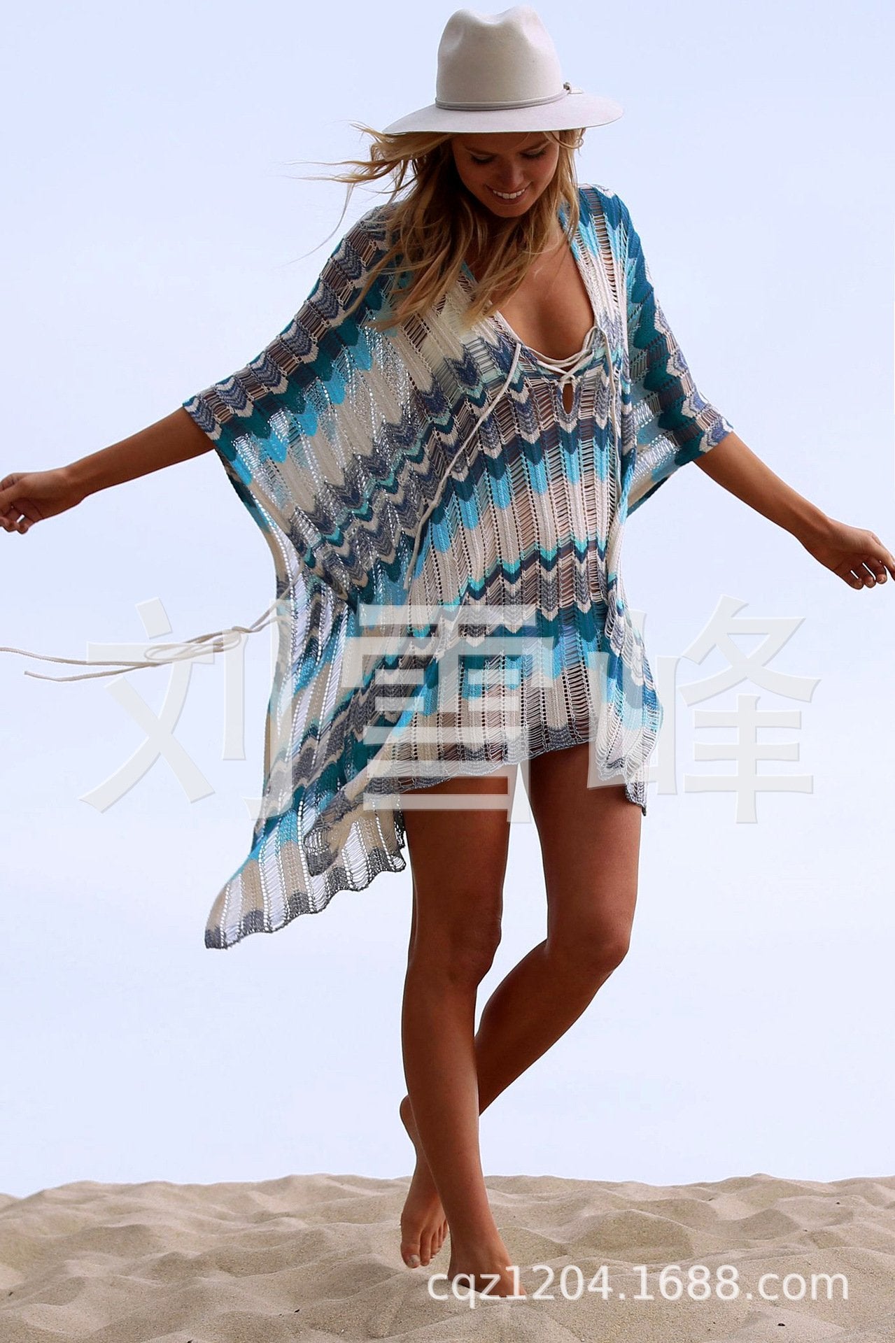 Women Hollow Out V Neck Knitting Beach Cover Ups-Blue-One Sizes-Free Shipping at meselling99