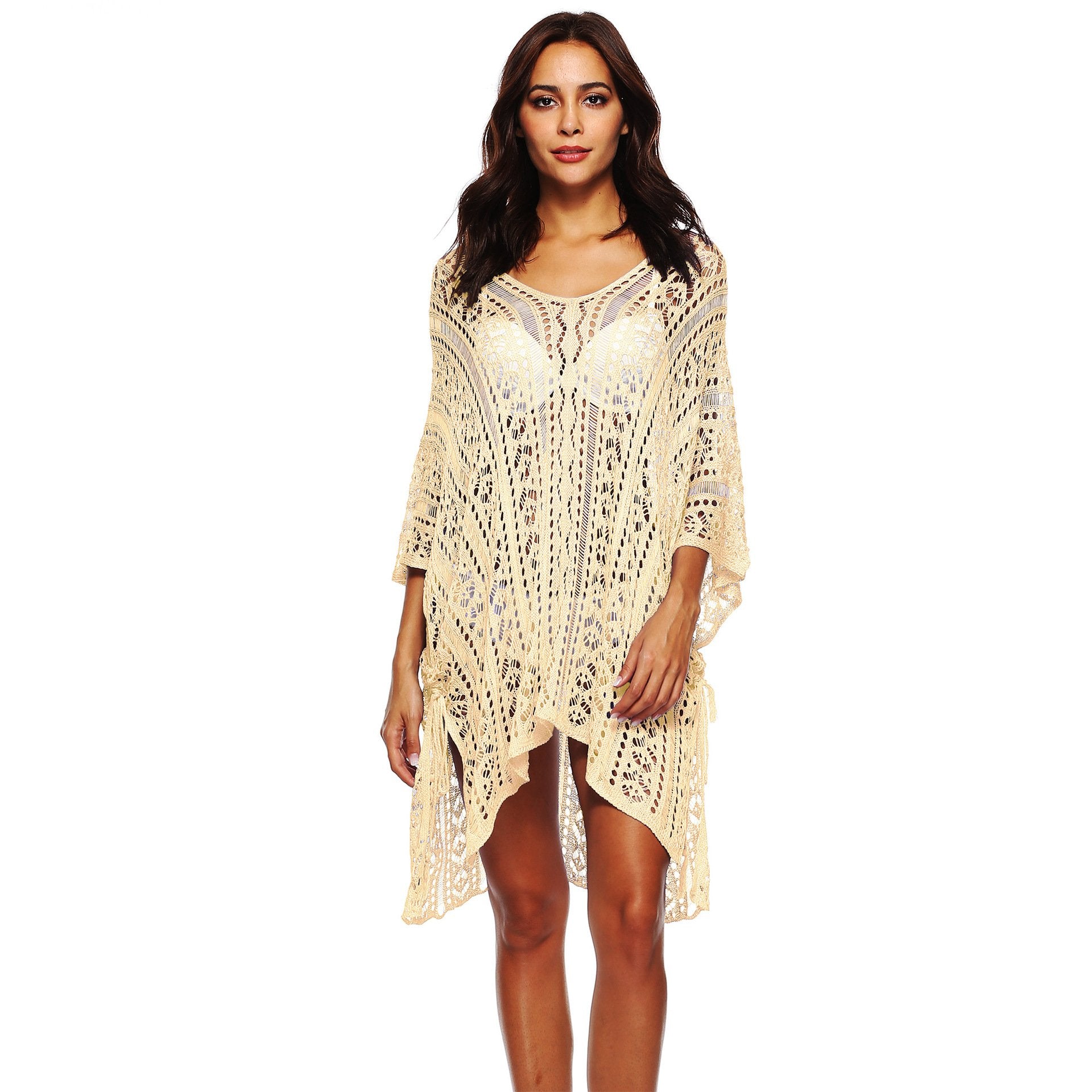 Summer Women Hollow Out Batwing Sleeves Beach Cover Ups Dress-Apricot-One Size-Free Shipping at meselling99