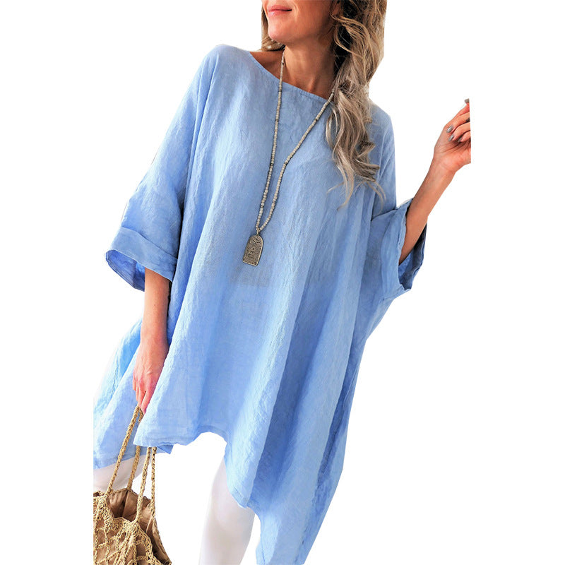 Women Linen Short Sleeves Casual Blouses-Blouses-Blue-S-Free Shipping at meselling99